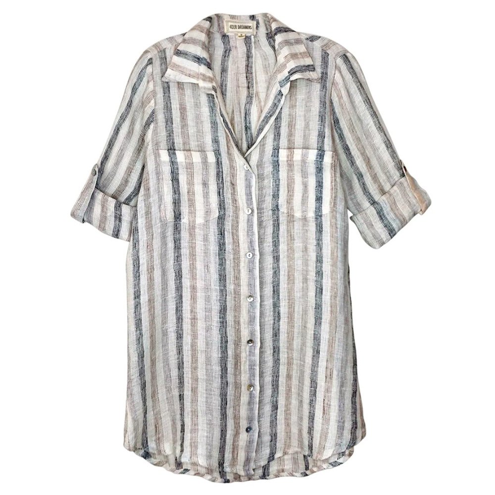 Sheer Stripe Button Down Extra Long Top, Smoke